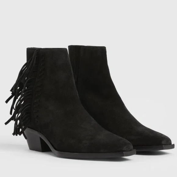 ALLSAINTS Layla Suede Fringe Black Ankle Boots Size 8